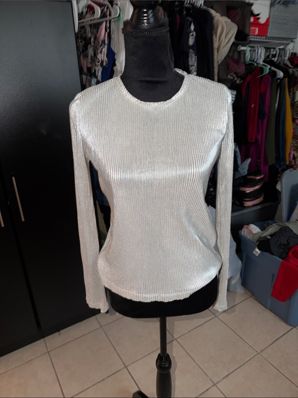 Metallic Silver Long-Sleeve Women’s Top